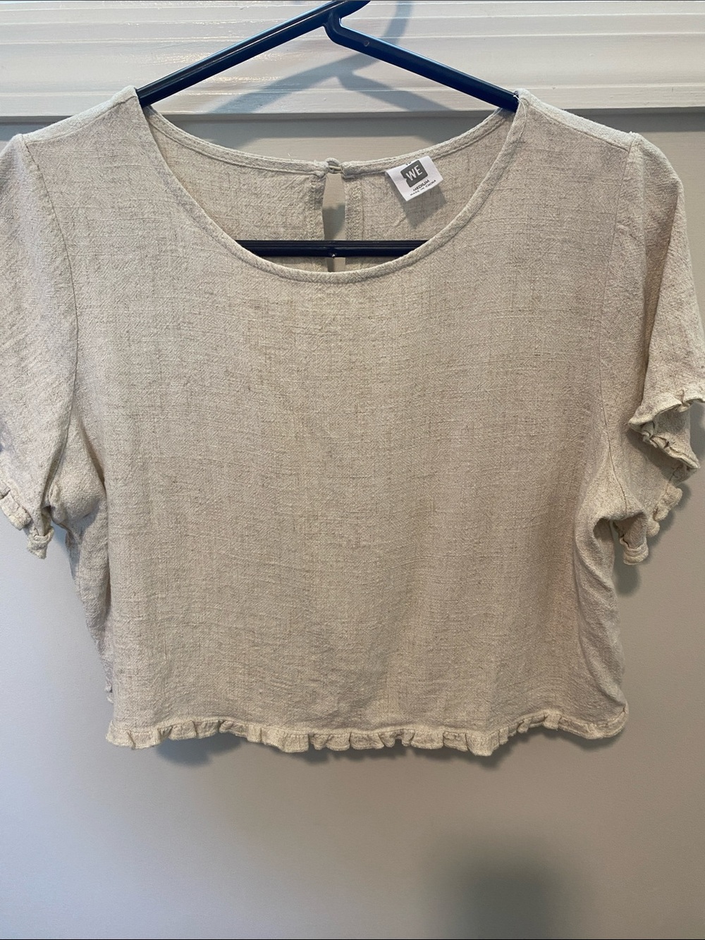 Me to We Linen Blend Neutral Ruffle-Hem Crop Top
